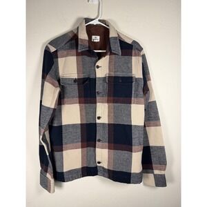 10 Deep Blue Cream Burgundy Plaid Flannel Shirt Jacket Men's Size S